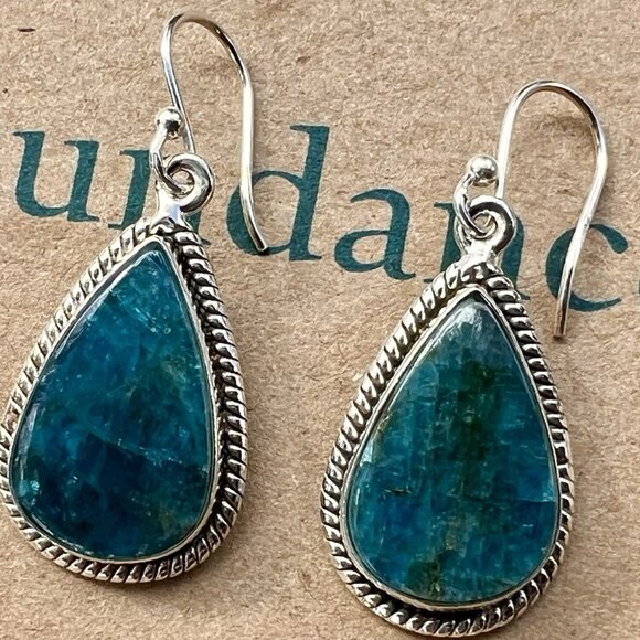 Sundance $208 NEW 1.5” APATITE Blue Teal Sterling Silver Handmade Earrings - Picture 1 of 13